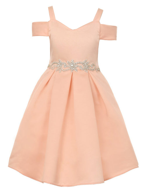 Satin Flower Girl Dress with Cold Shoulder and Pleated Skirt, Sizes 2-14 - SophiasStyle.com